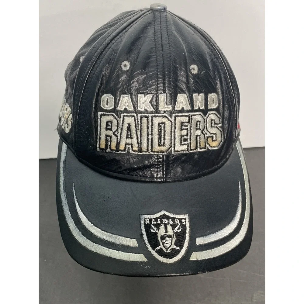 Vintage Reebok Oakland Raiders Leather Hat Adult One Size Fit‎ Black Made In USA